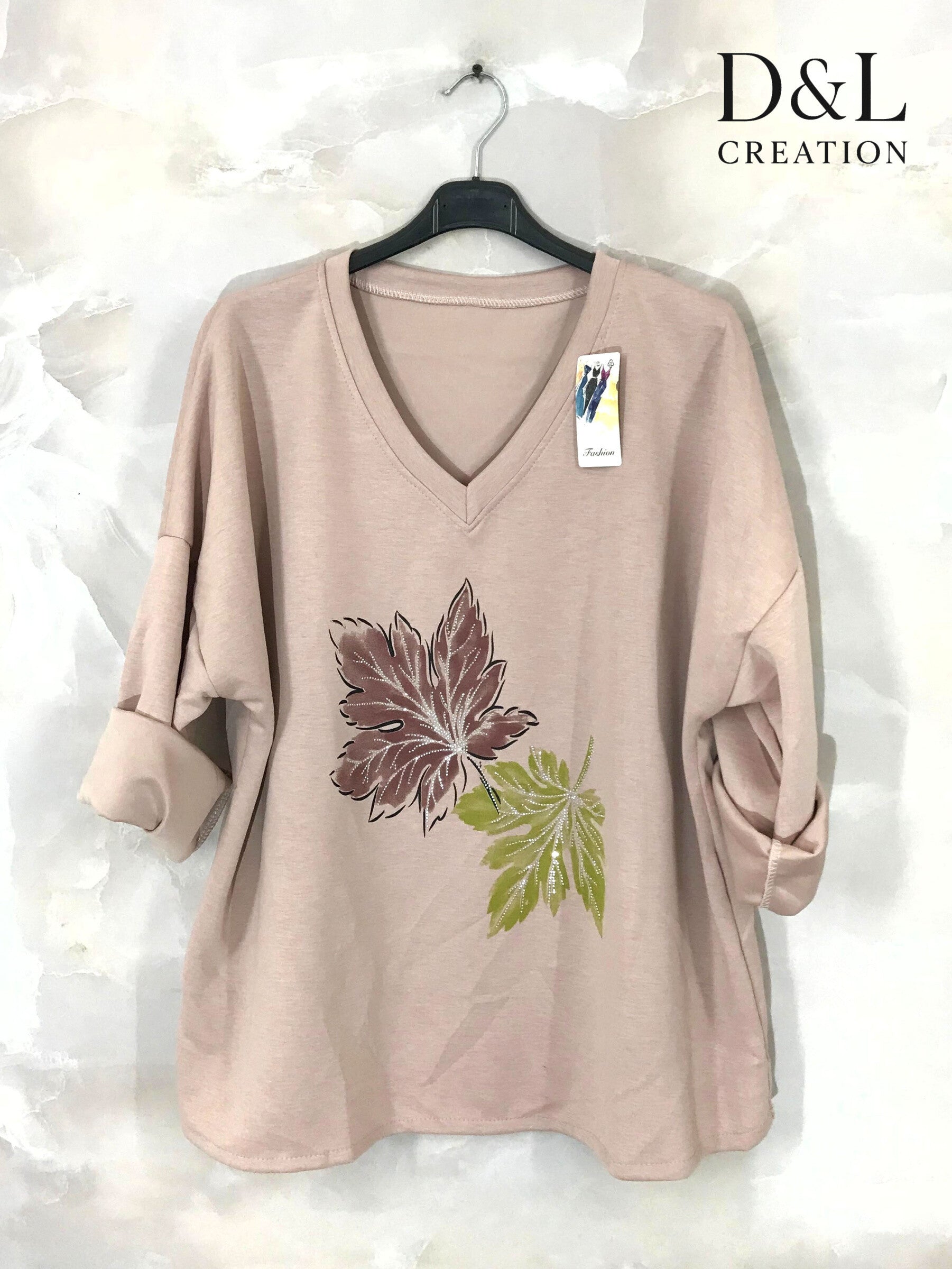 Soft V-neck top with leaf print sizes 10 to 24 i Plus Size