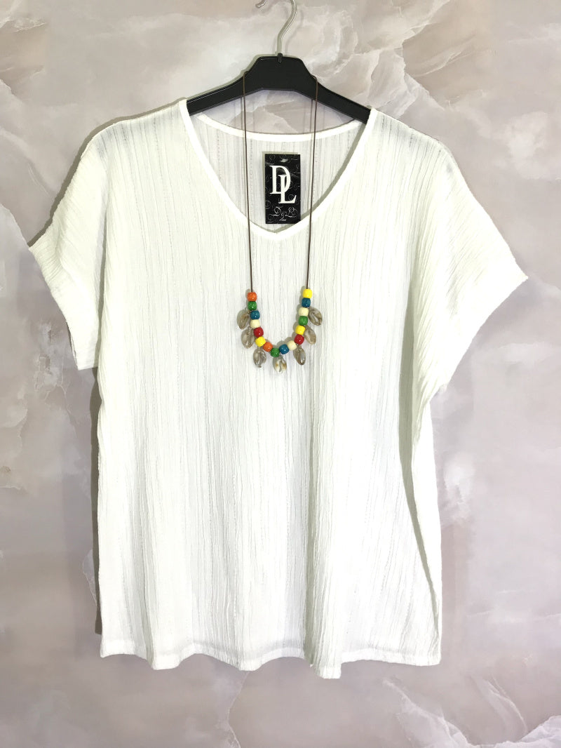 Plus Size V-neck Topp i Prägad Tyg med Halsband