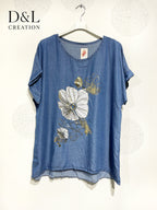 Plus Size Tencel Jeans Top med Gyldene Blomtryck