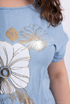 Plus Size Tencel Jeans Top med Gyldene Blomtryck