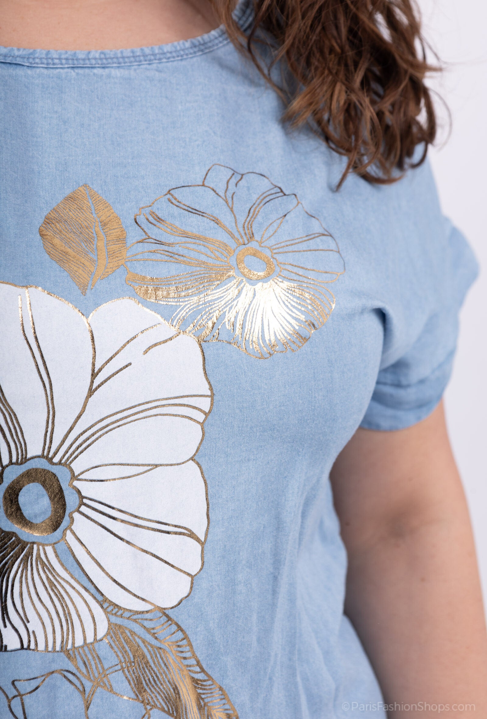 Plus Size Tencel Jeans Top med Gyldene Blomtryck