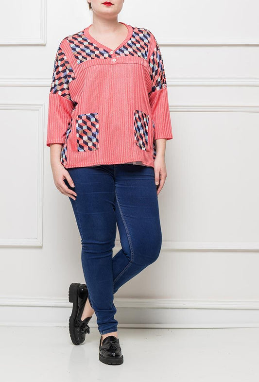 Plus Size Tryckt Topp med Geometriskt Mönster