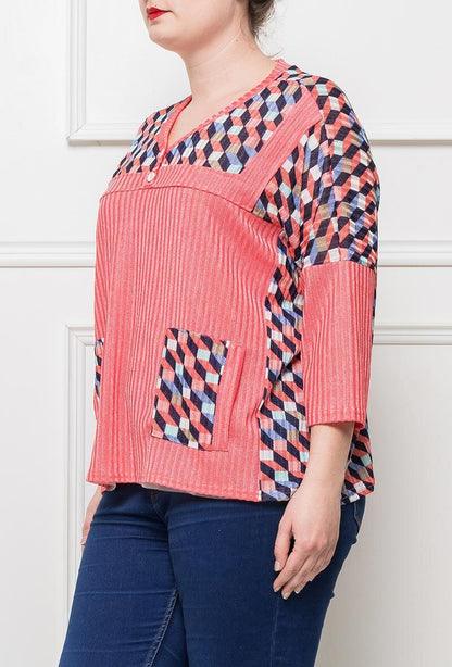 Plus Size Tryckt Topp med Geometriskt Mönster