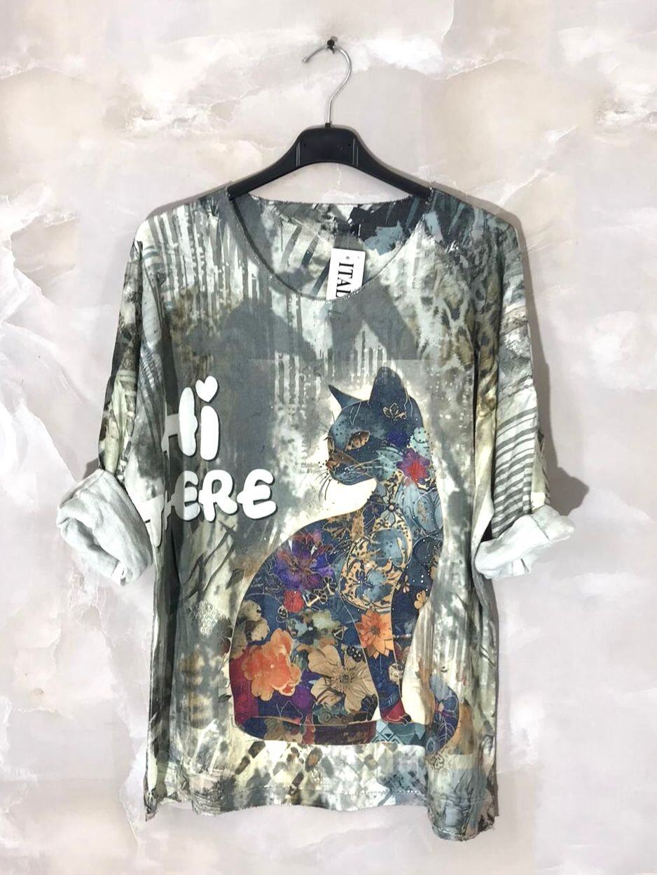 Printed fine knit top sizes T38 to T52 i Stor Storlek