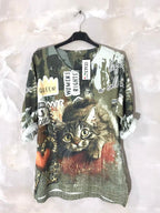 Printed fine knit top sizes T38 to T52 i Stor Storlek