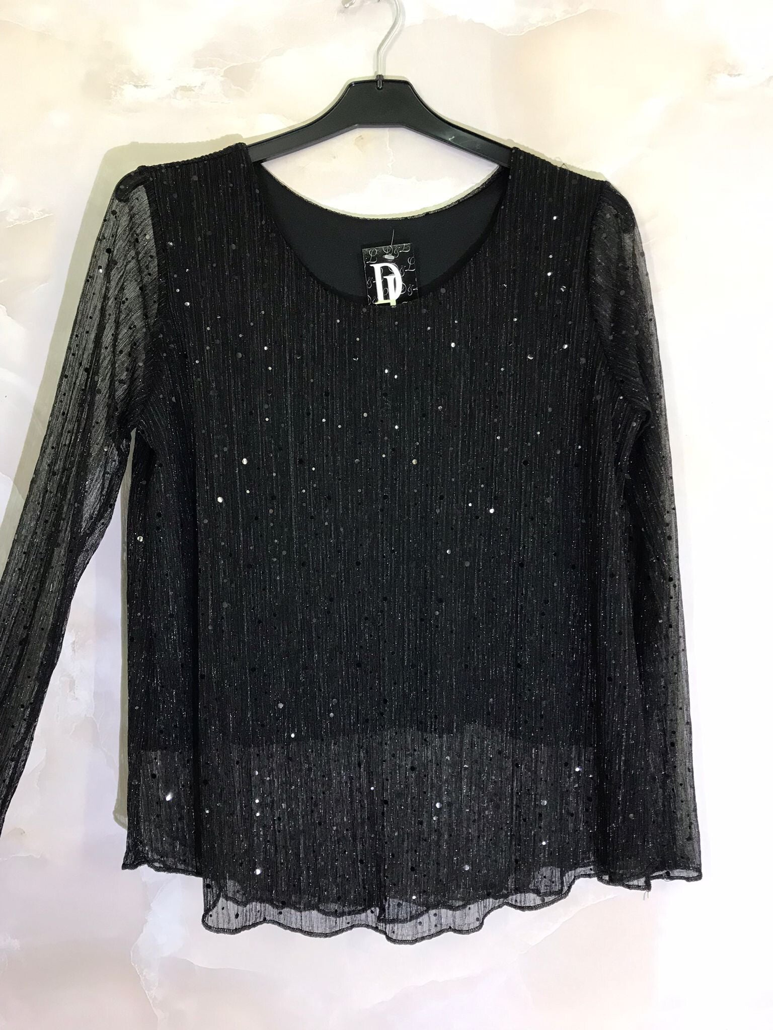 Plus Size Långärmad Topp i Glittrande Tyll med Foder