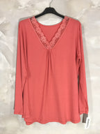 Plus Size Top long -collar sleeves V with lace