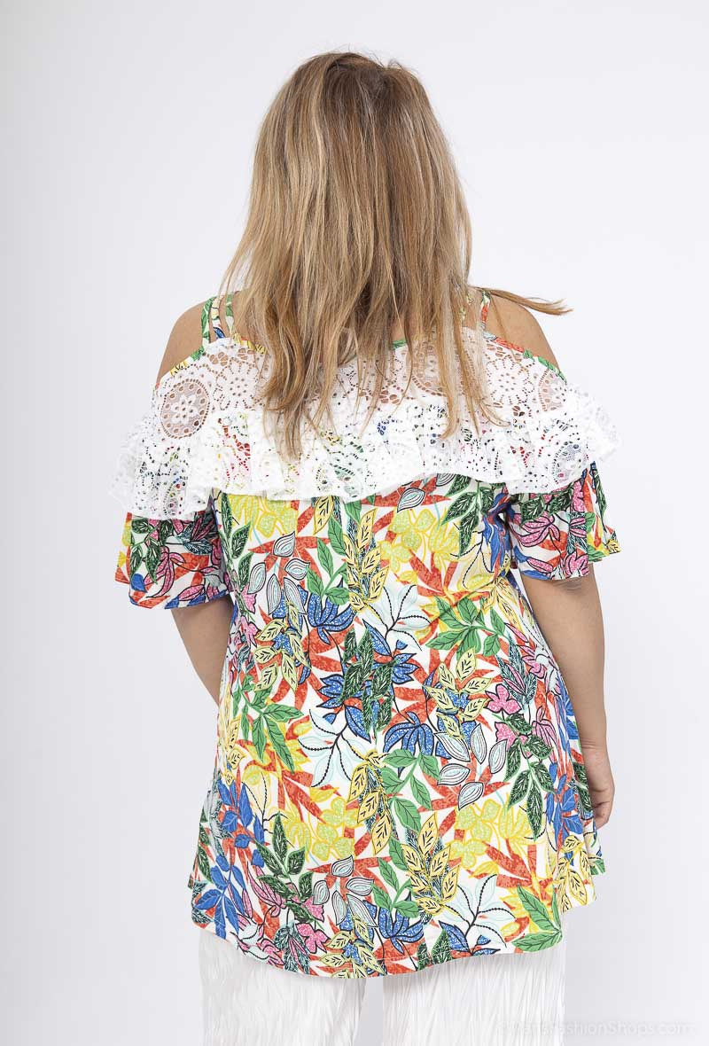 Plus Size Off-shoulder Spetstryckt Volangtopp