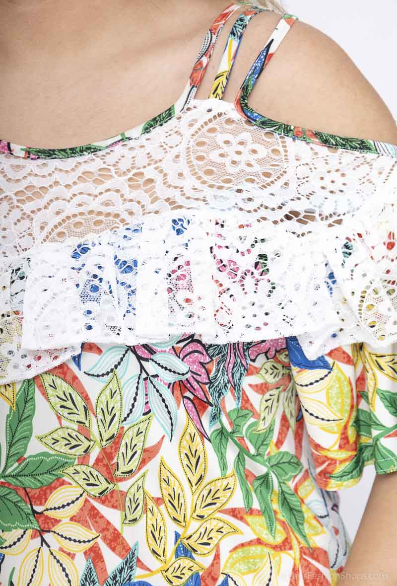 Plus Size Off-shoulder Spetstryckt Volangtopp