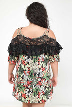 Plus Size Off Shoulder Lace Print Ruffle Top