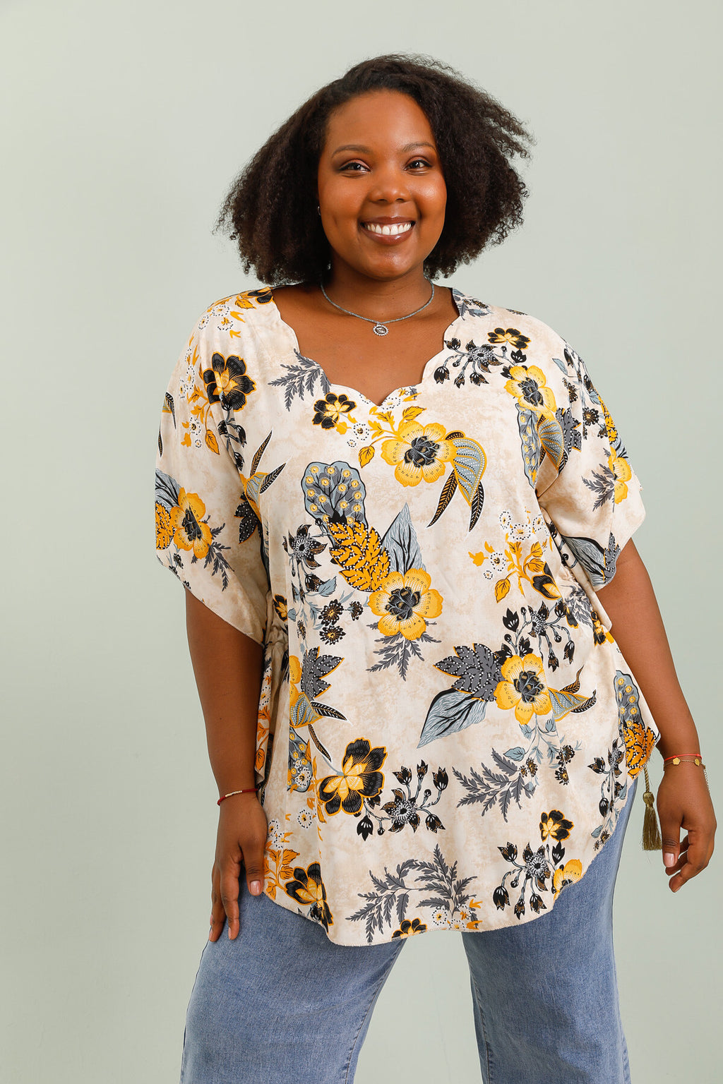 Tops med batwing-ärmar i tryckt viskos i stor storlek