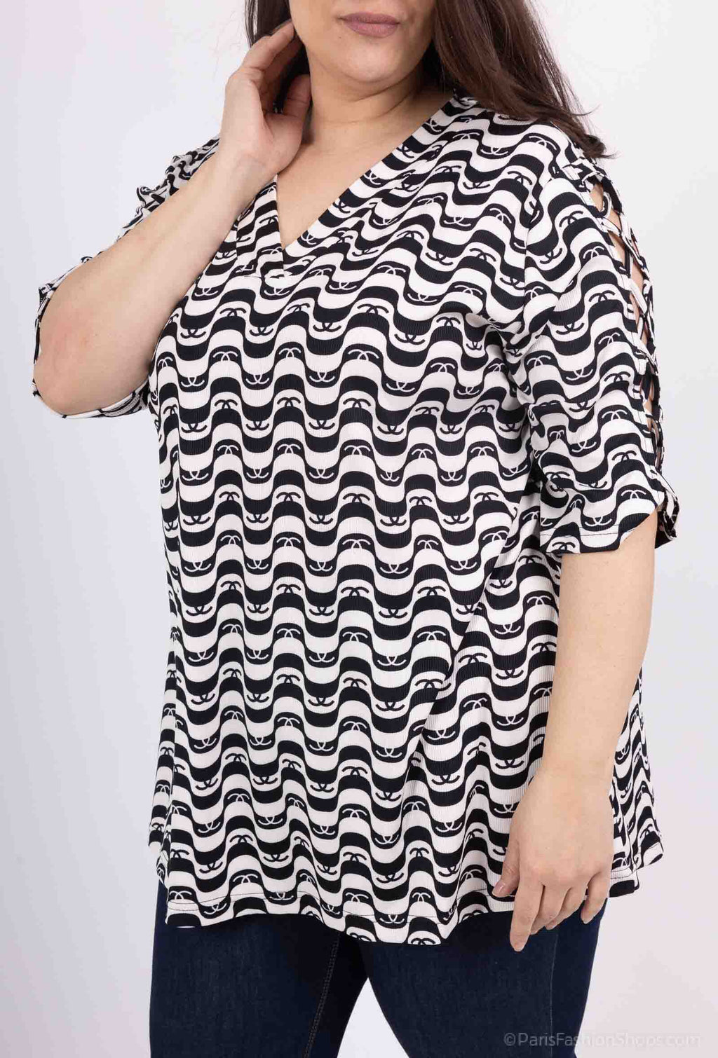 Plus Size Top med Öppen Ärmar och Rippad Kryssdesign
