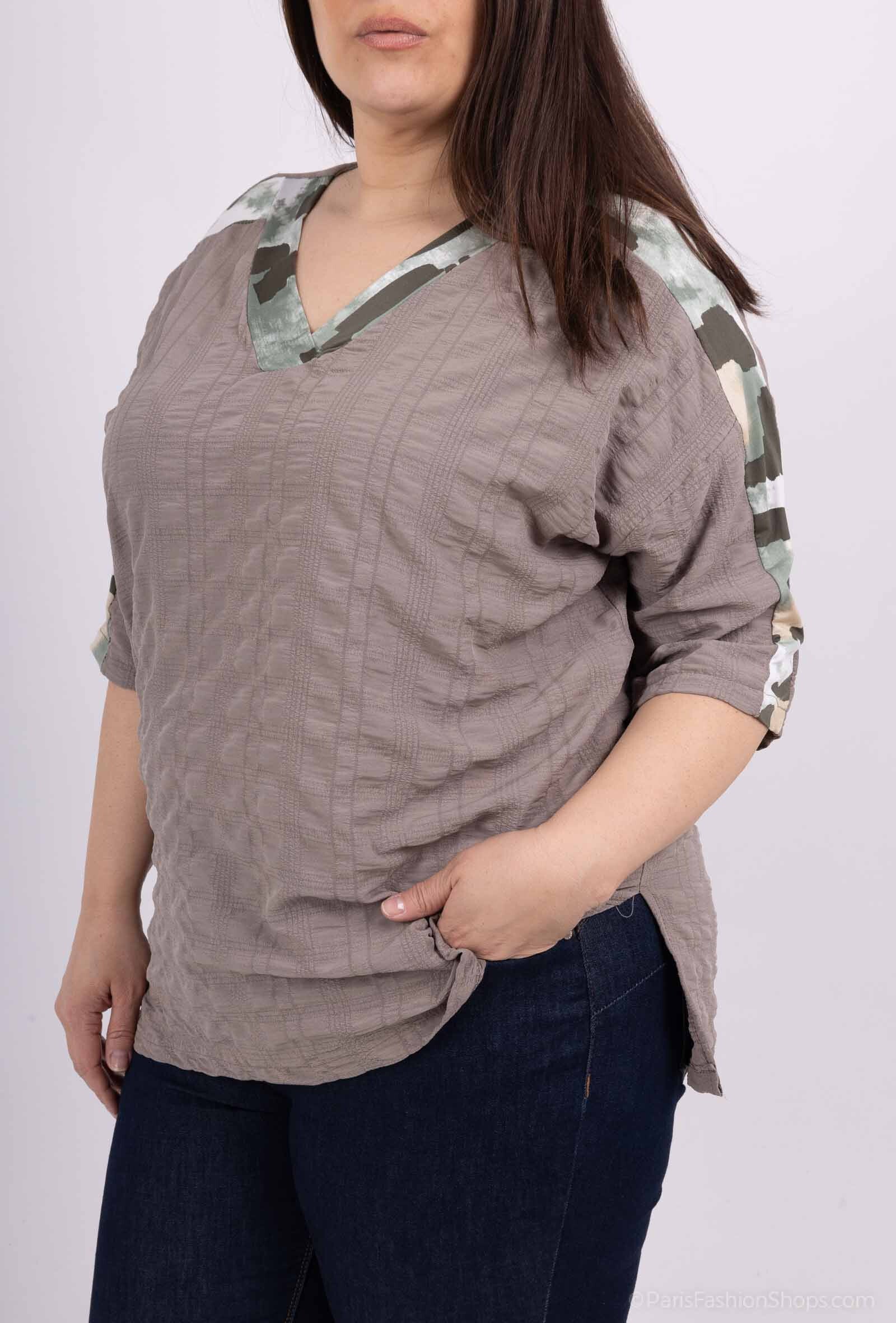 Plus Size Tops in short -sleeved bubble fabrics in color block