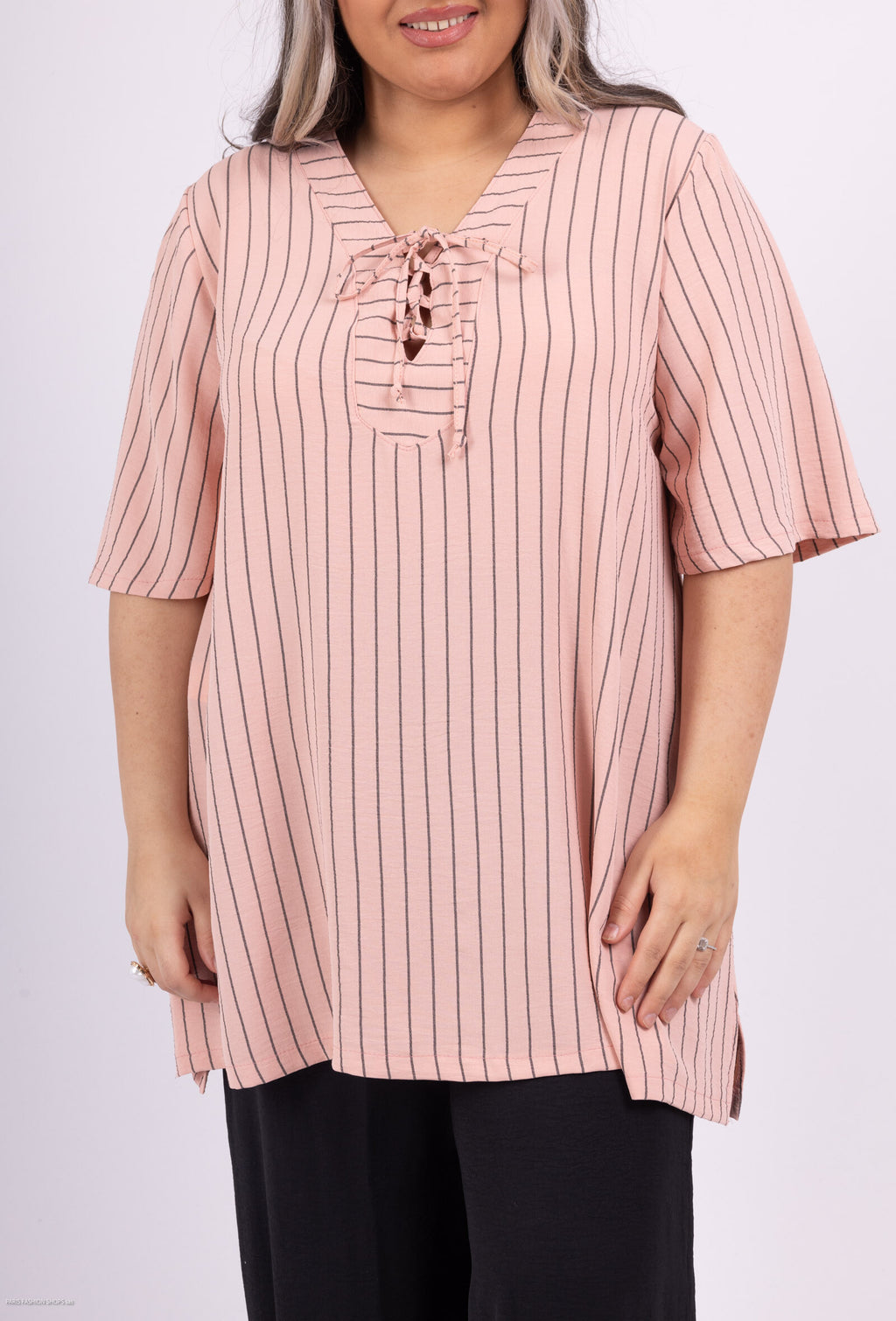 Plus Size V-ringad tunika med randig fluid knut