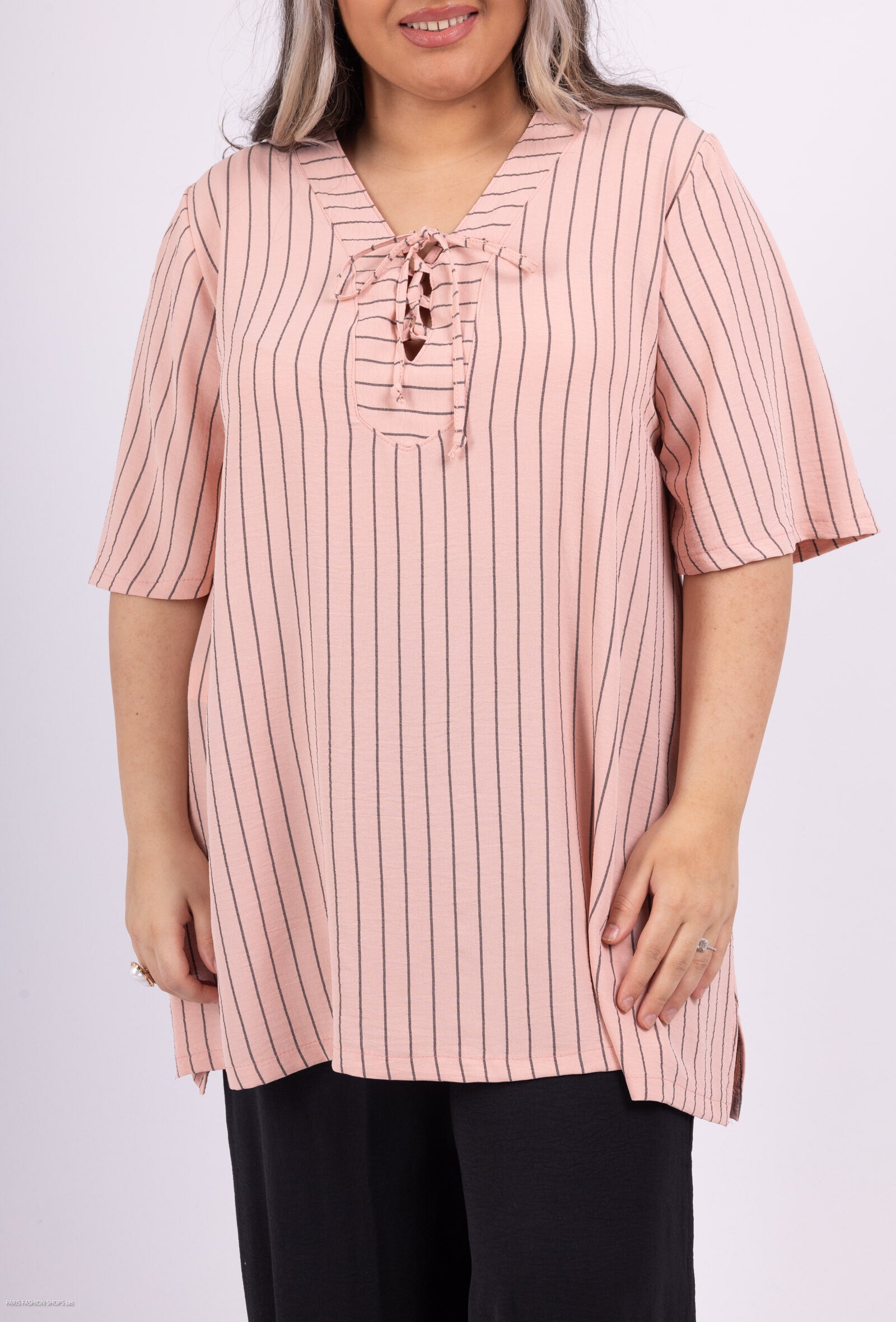 Plus Size V-ringad tunika med randig fluid knut