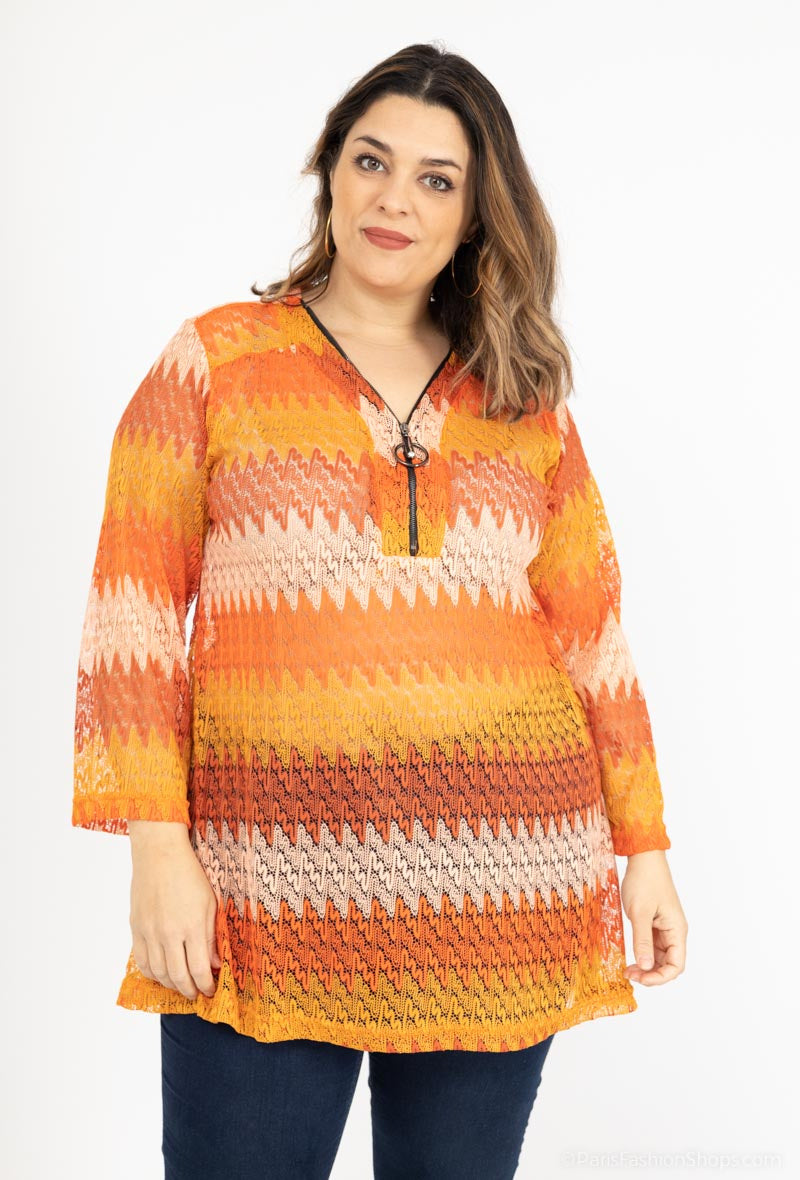 Plus Size Color Block Lace Tunic with Zipper