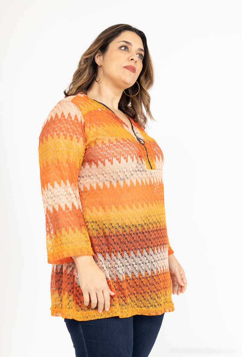 Plus Size Färgad Block Lace Tunika med Dragkedja
