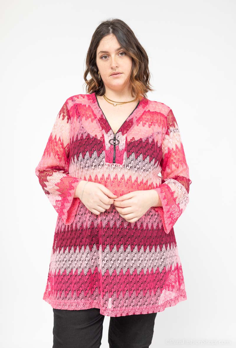 Plus Size Lace tunic with color block and zip