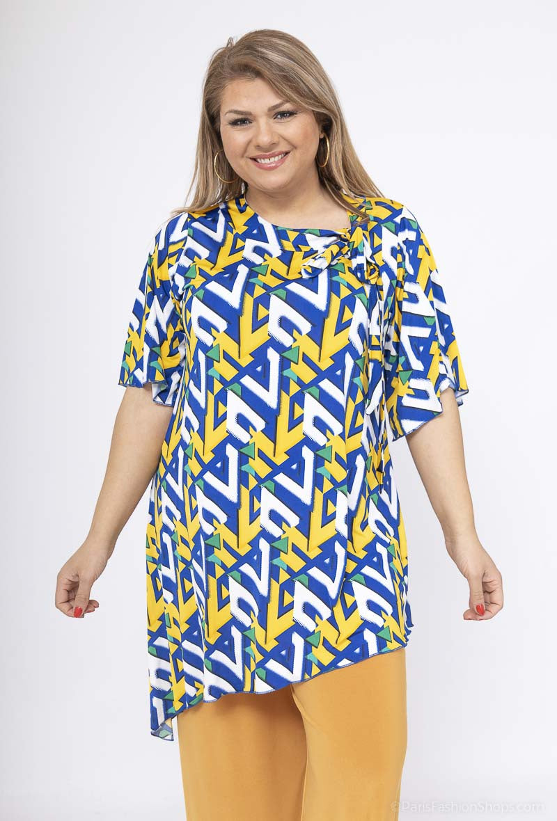 Plus Size Bow Collar Print Tunic