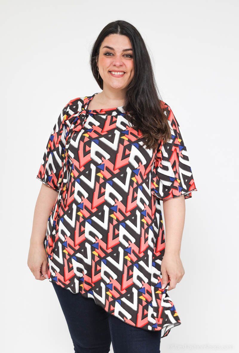 Plus Size Bow Collar Print Tunic