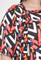 Plus Size Bow Collar Print Tunic