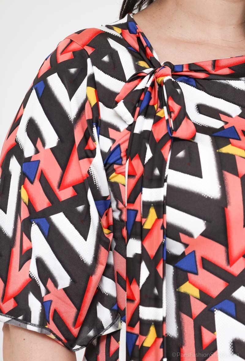 Plus Size Bow Collar Print Tunic