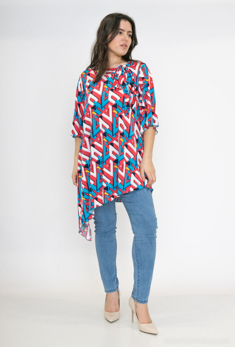Plus Size Bow Collar Print Tunic