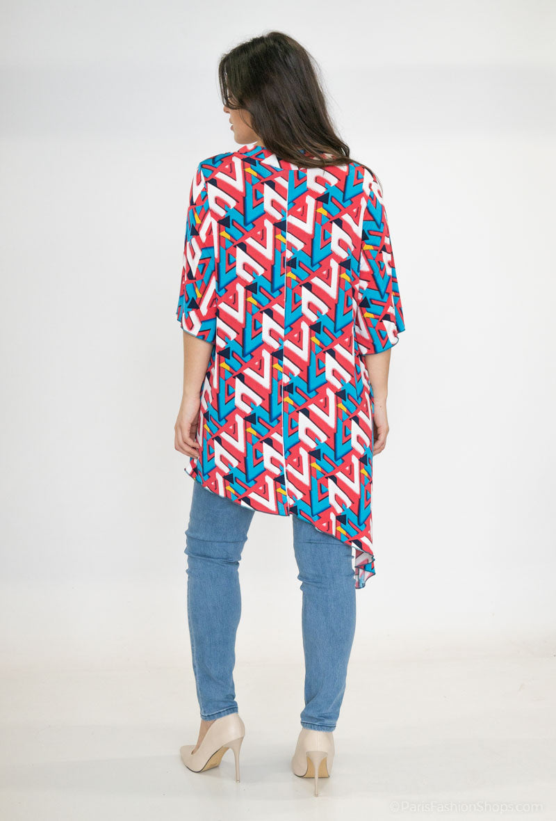 Plus Size Bow Collar Print Tunic