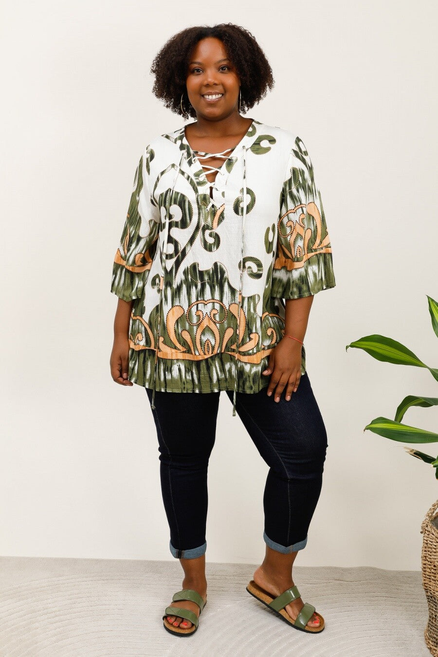 3/4 flared sleeve knot tunic i Stor Storlek