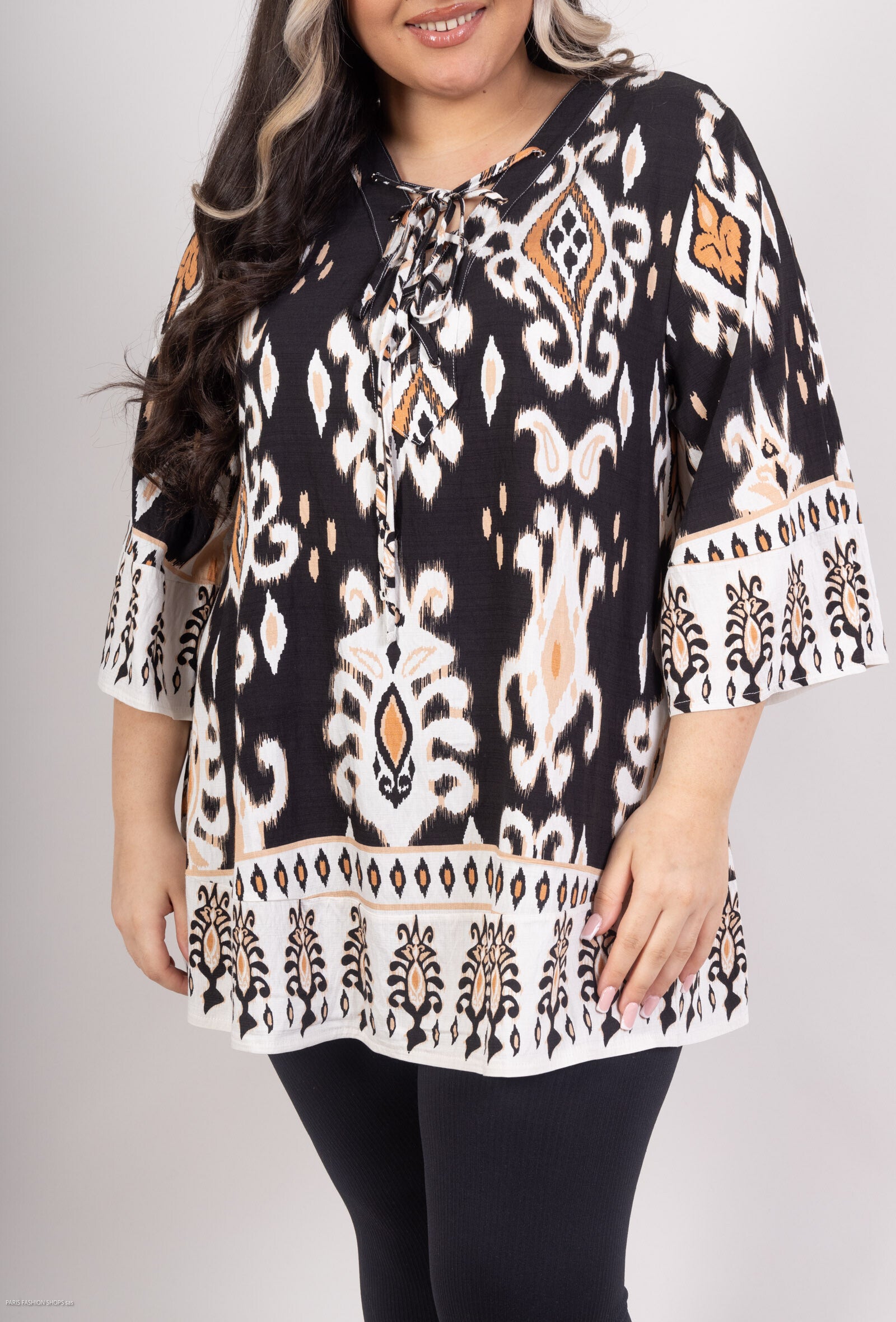 Plus Size 3/4 Flared Sleeve Knot Tunic
