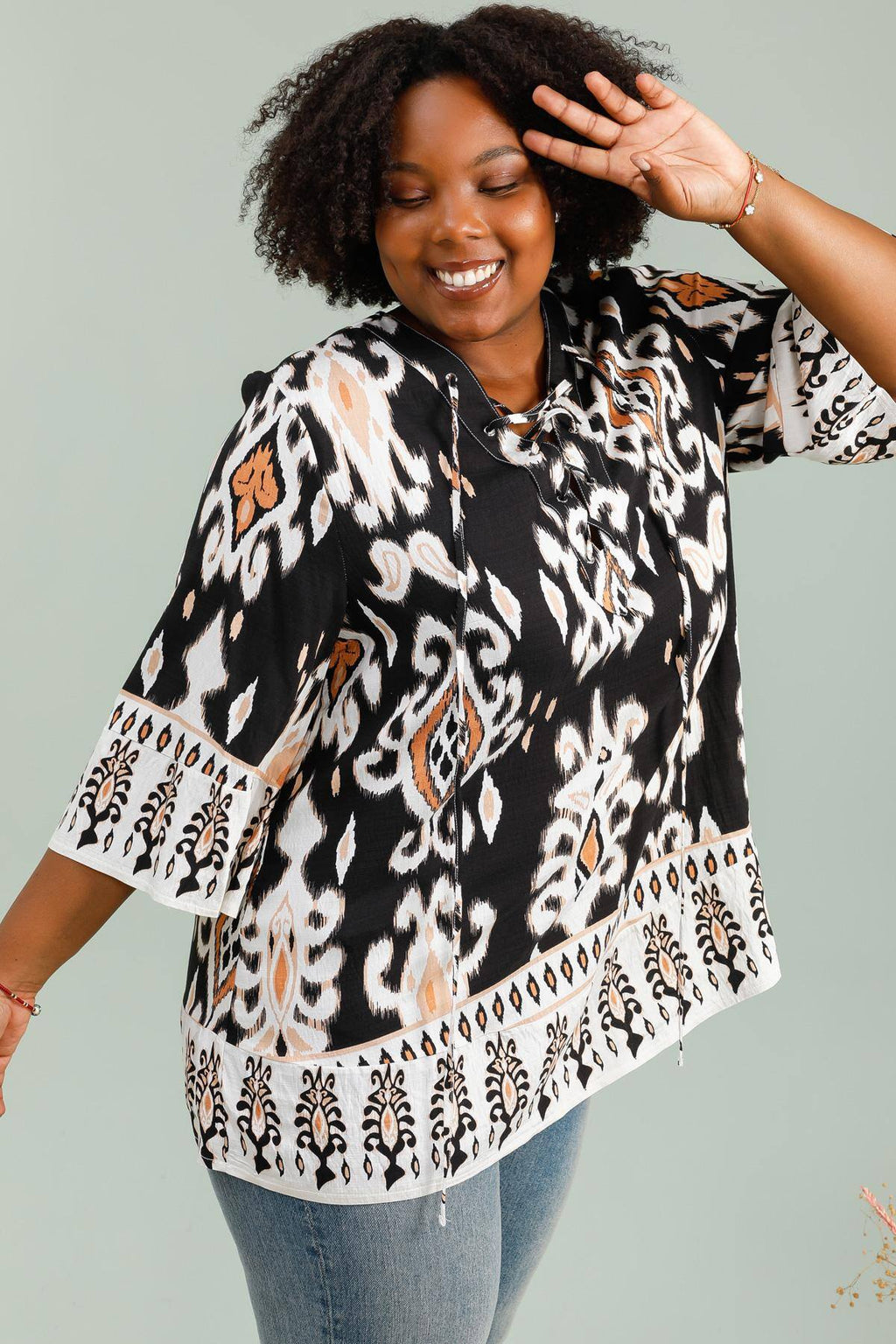 3/4 flared sleeve knot tunic i Stor Storlek