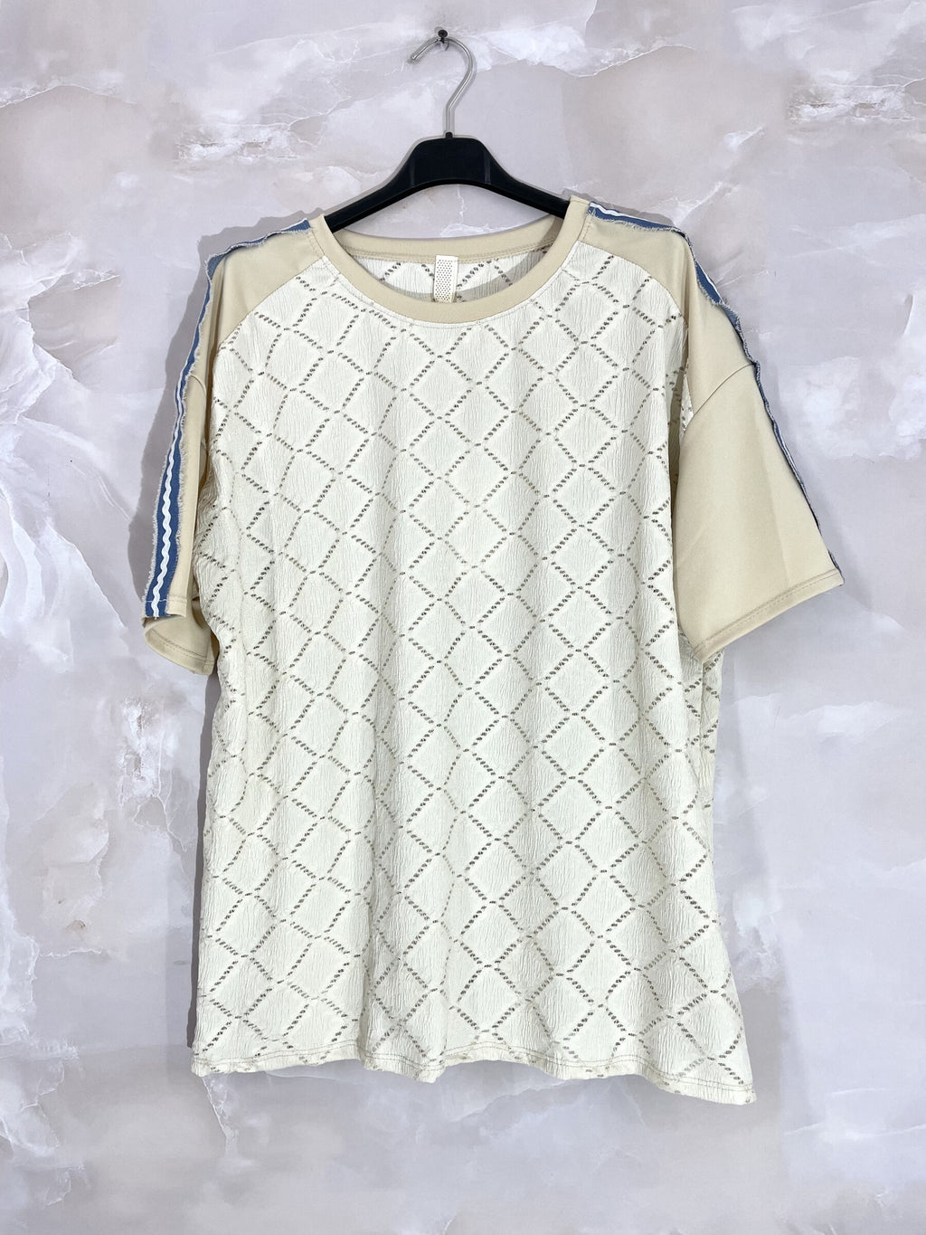 Plus Size Bi-material tunic with openwork pattern with T38 to T50 sleeve strip