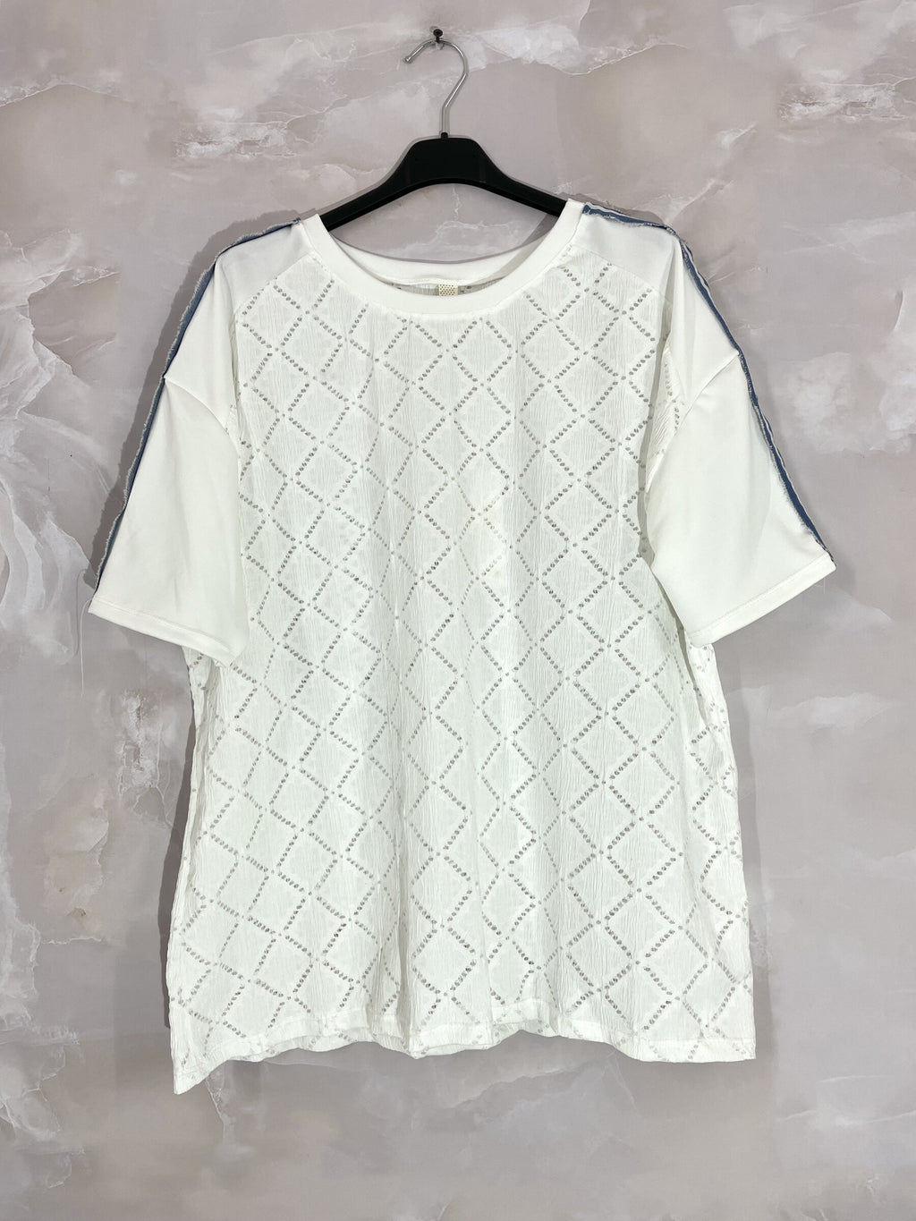 Plus Size Bi-material tunic with openwork pattern with T38 to T50 sleeve strip