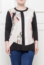 Plus Size Bi-material Tunic med Tryckt Yoke och Spotted Lace