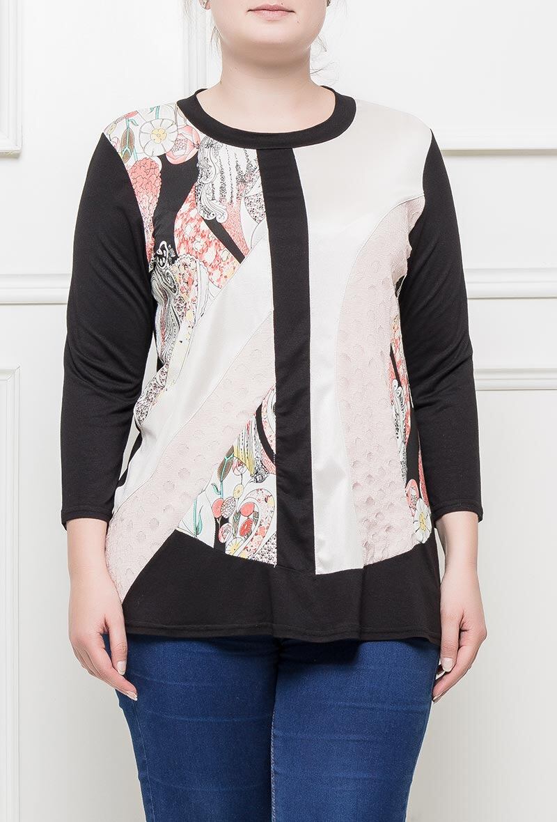 Plus Size Bi-material Tunic med Tryckt Yoke och Spotted Lace