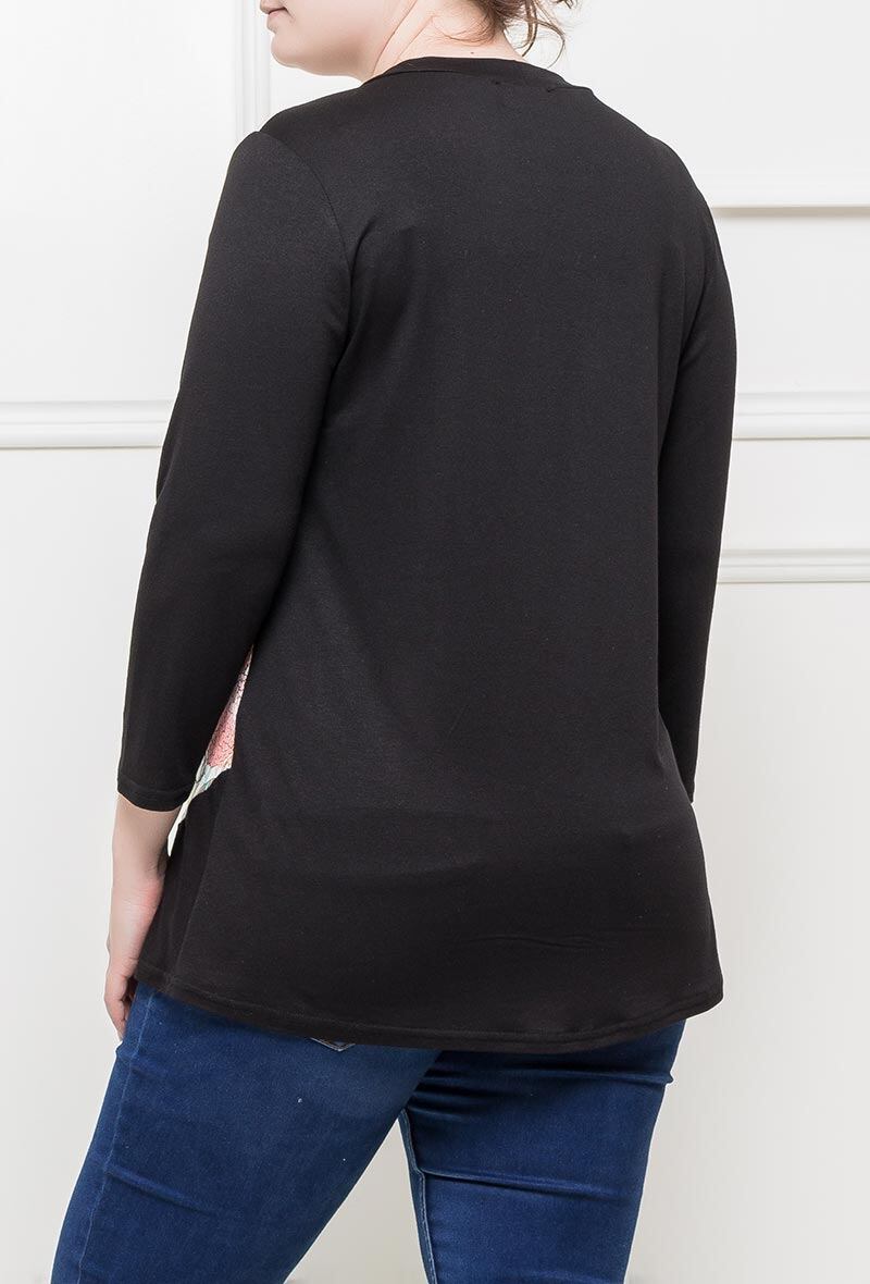 Plus Size Bi-material Tunic med Tryckt Yoke och Spotted Lace