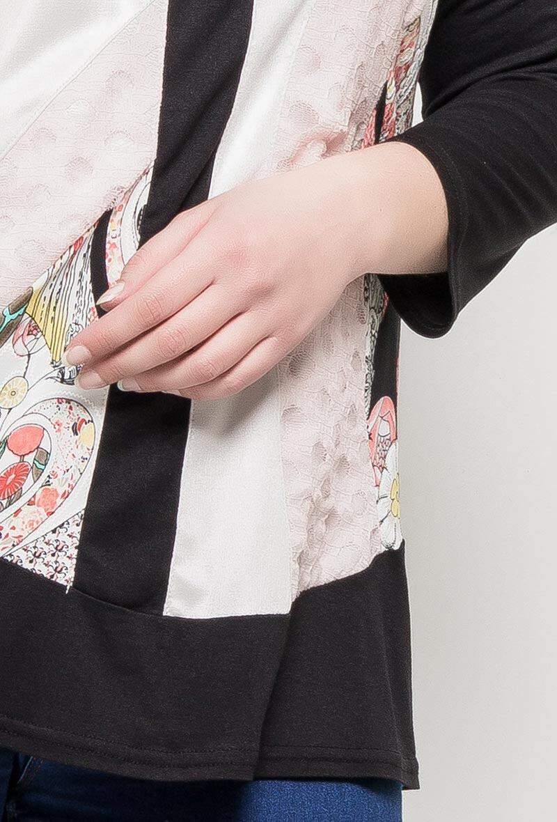 Plus Size Bi-material Tunic med Tryckt Yoke och Spotted Lace