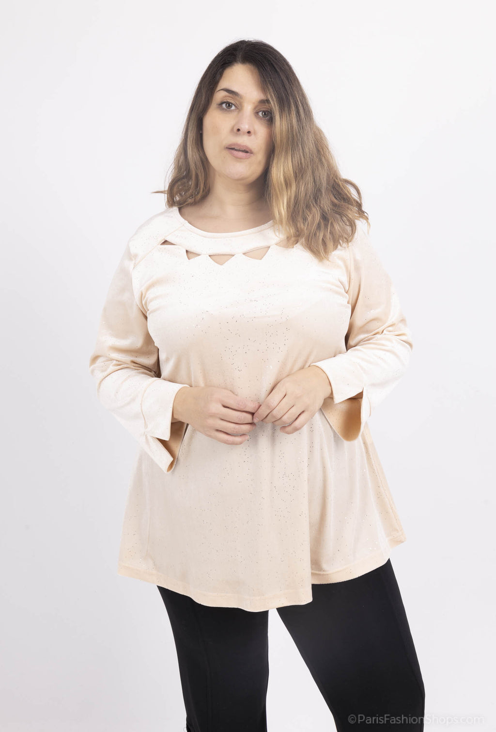 Plus Size Sequined Velvet Openwork Collar Tunic