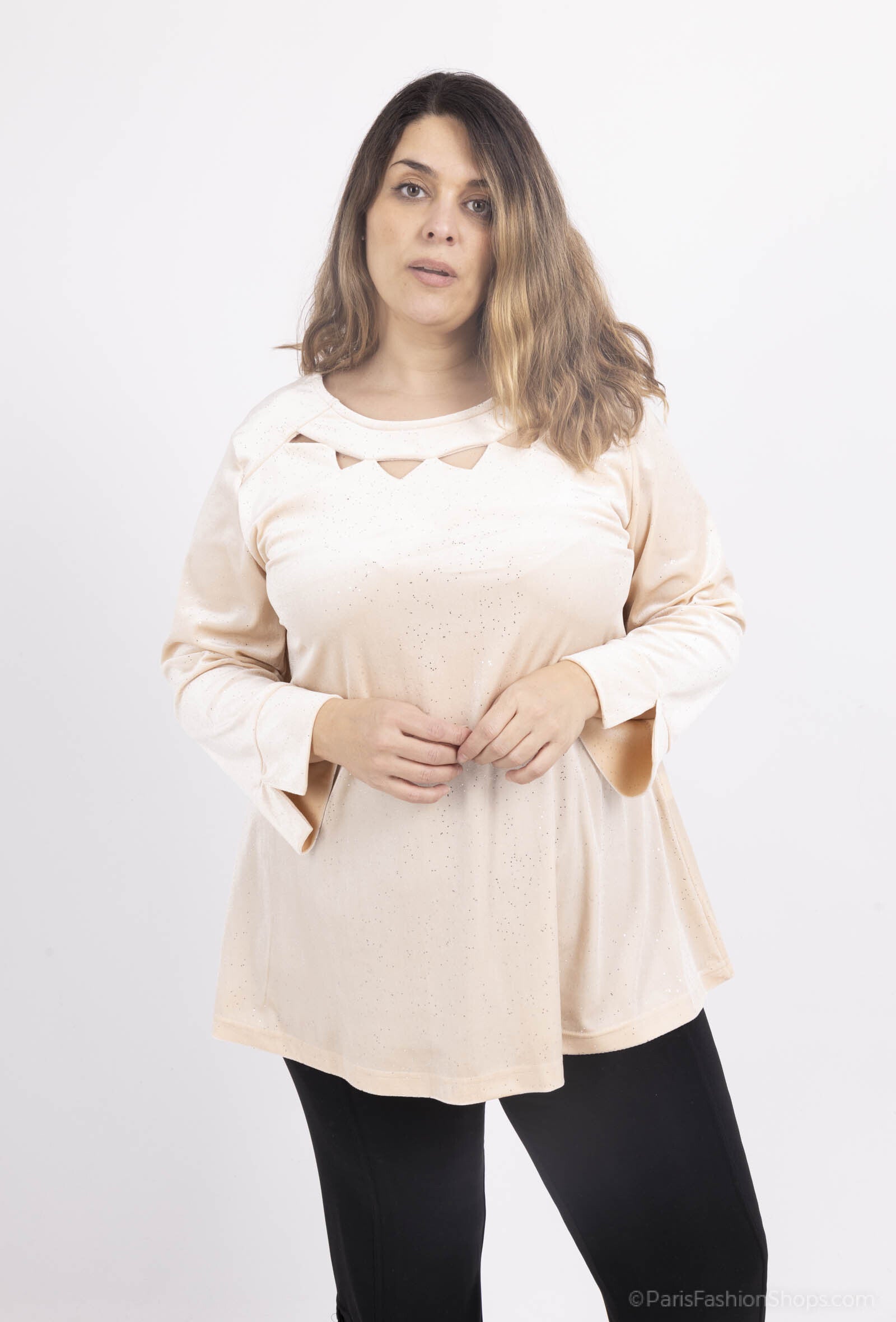 Plus Size Sequined Velvet Openwork Collar Tunic