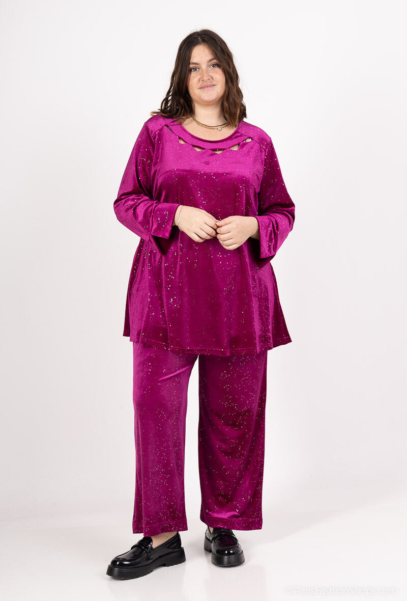 Plus Size Sequined velvet openwork collar tunic