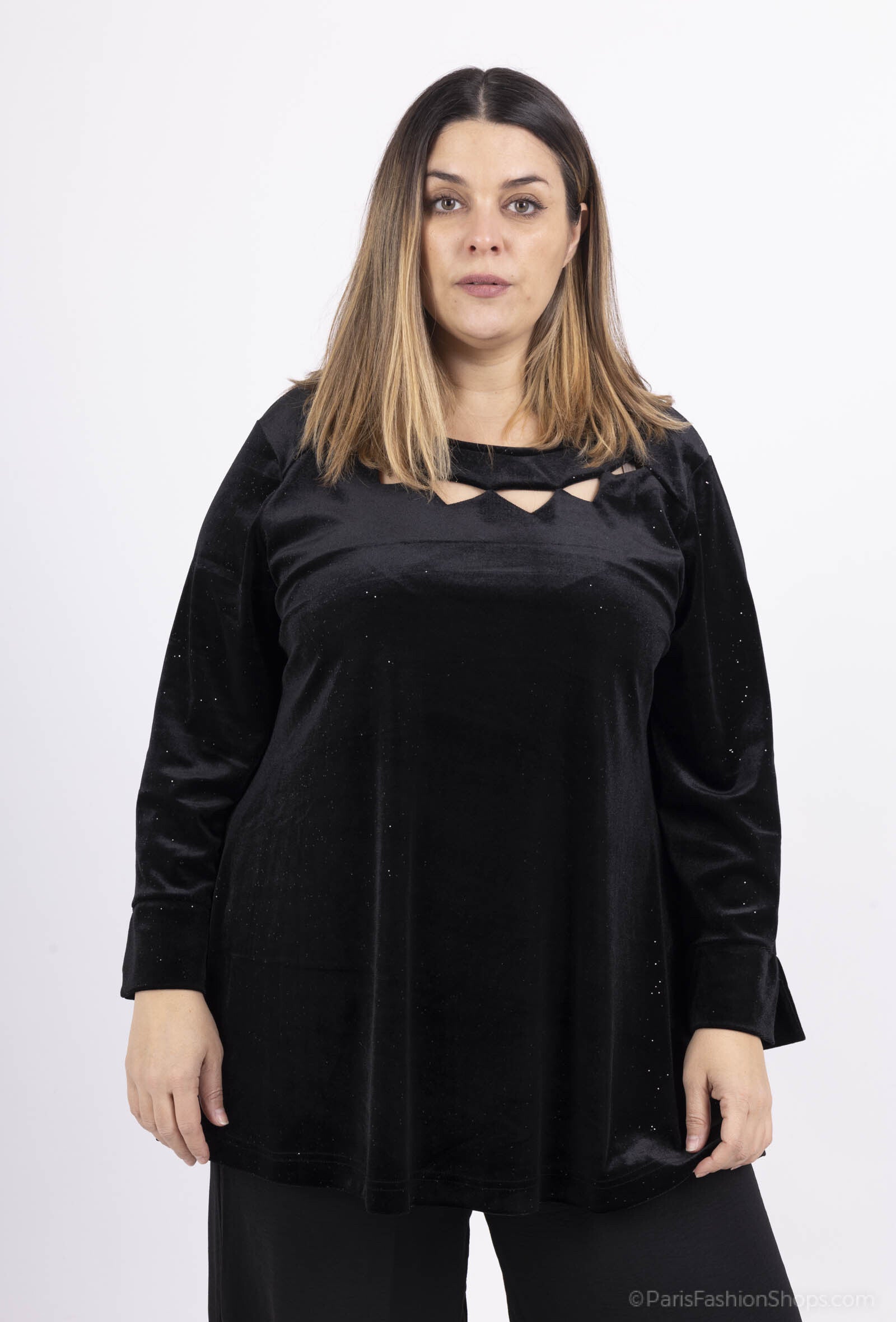 Plus Size Sequined Velvet Openwork Collar Tunic