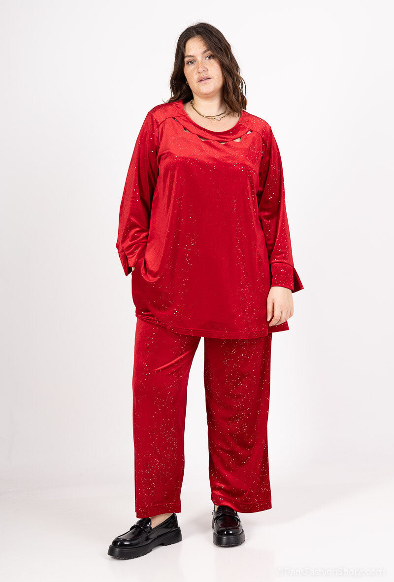 Plus Size Sequined velvet openwork collar tunic