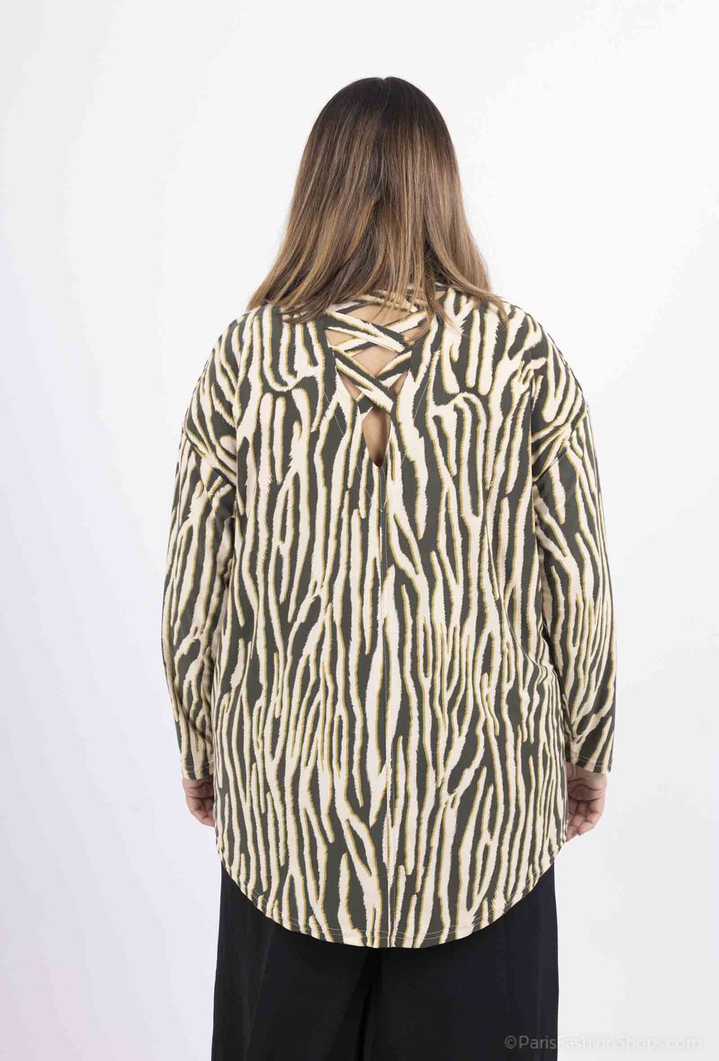 Rundhalsad tryckt tunika med korsat rygg i Stor Storlek