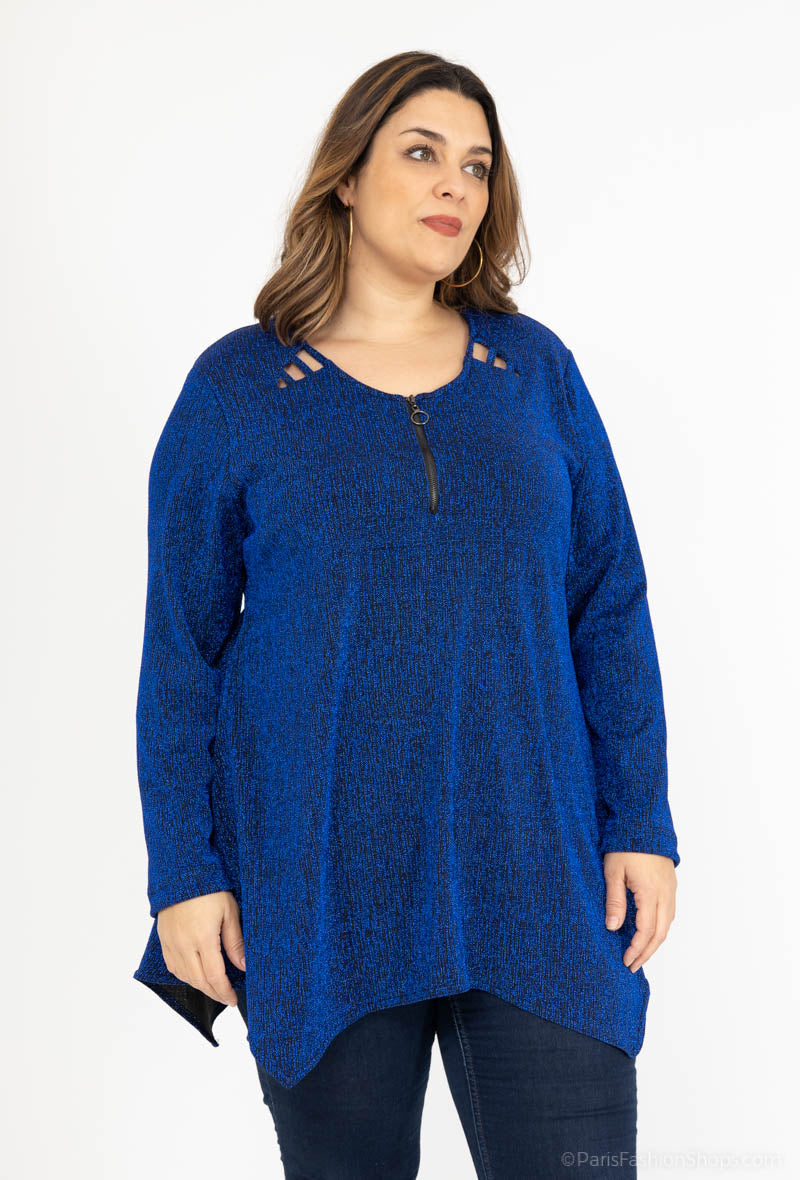 Plus Size Rundhals Zipper Tunika med Paljetter