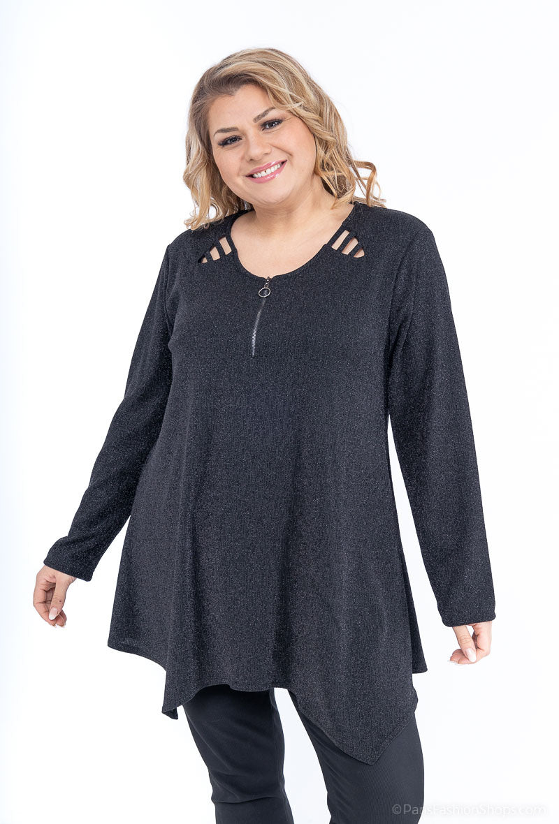 Plus Size Rundhals Zipped Tunika med Paljetter
