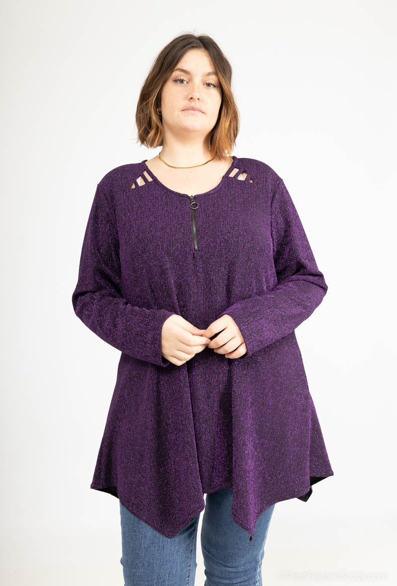 Plus Size Rundhalsad Tunika med Dragkedja och Paljetter