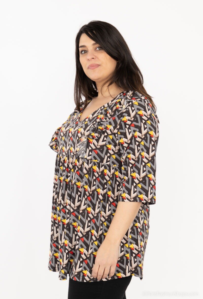 Plus Size V-neck Tunika med Volangtryck