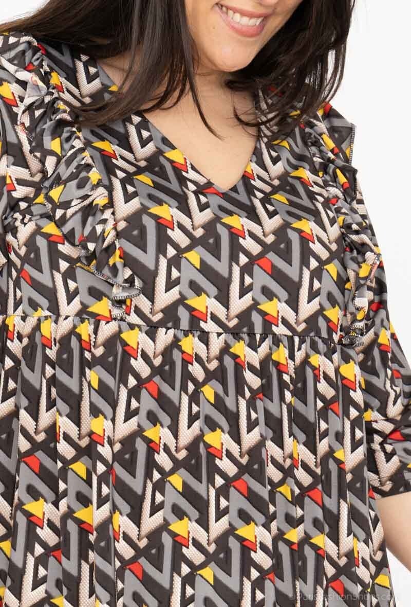 Plus Size V-neck Tunika med Volangtryck
