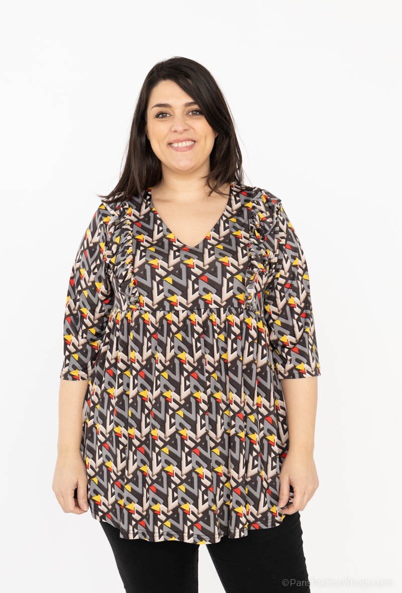 Plus Size V-neck Tunika med Volangtryck