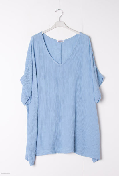 Plus Size Cotton gauze loose V-neck tunic